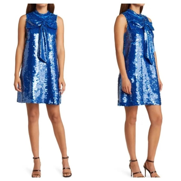 New! CIEBON Anita Bow Paillette Sequin Sleeveless Mini Shift Dress 💙 Small NWT! - Picture 2 of 15